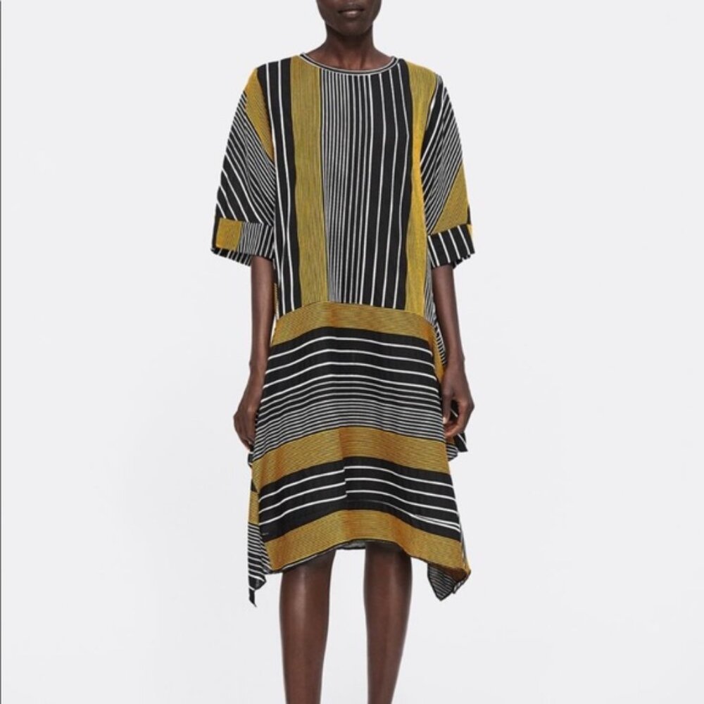 ZARA Striped Asymmetrical Dress in Black and Gold